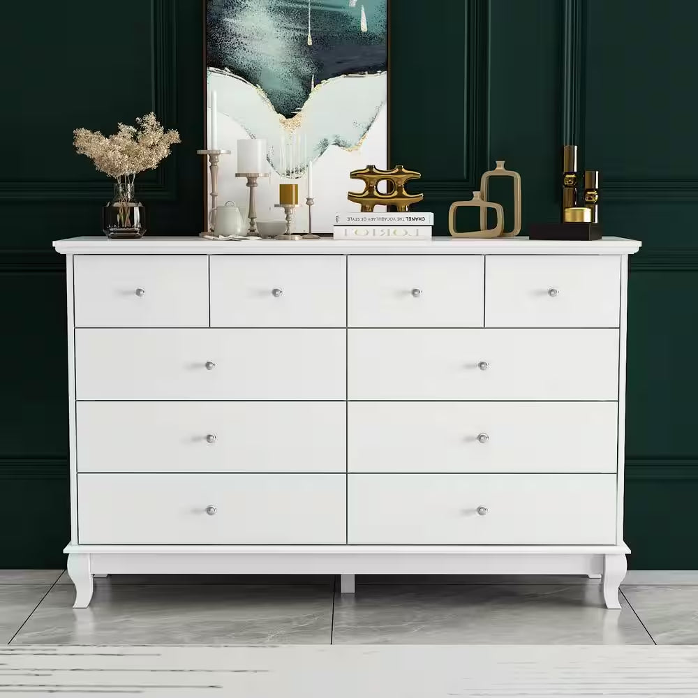 10-Drawer White Paint Finish Dresser Chest of Drawers Cabinet 35.4 In. H X 55.1 In. W X 15.7 In. D