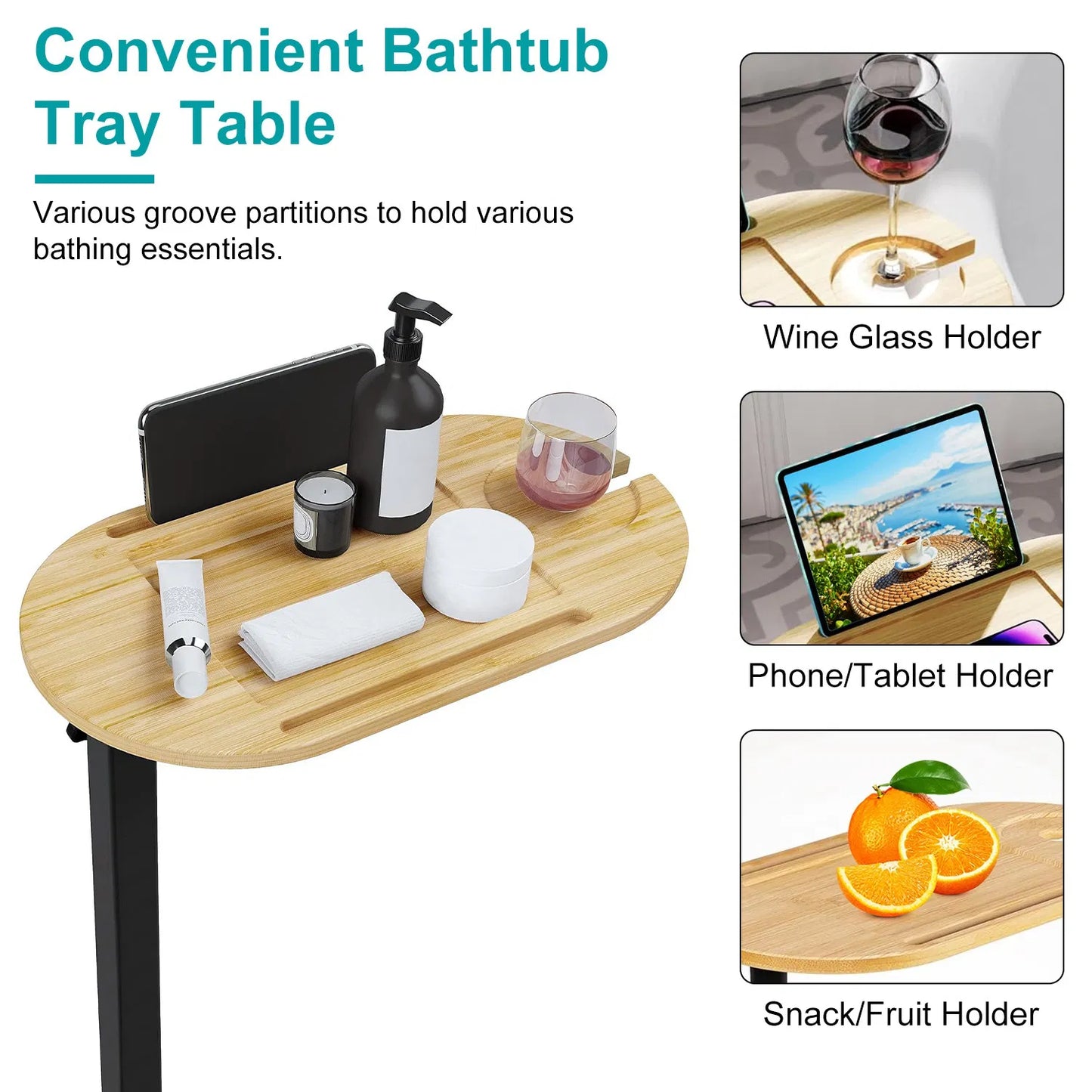 Bath Tub Tray Table, Liftable Freestanding Bamboo Bath Tray Caddy For Tub Against Wall, Bath Table Tray Tub Shelf Bathroom Organizer Shelf For Luxury Spa, Bath Home Spa Bathtub Accessories
