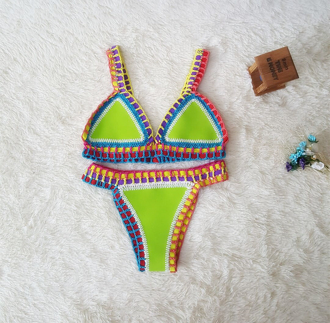 Sexy Hand Crochet Colorful Bikini Set, Spell Color Rubber, Ladies Knitted Swimwear