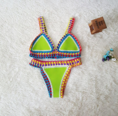 Sexy Hand Crochet Colorful Bikini Set, Spell Color Rubber, Ladies Knitted Swimwear