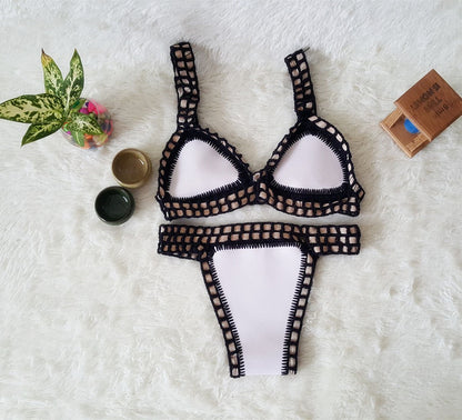Sexy Hand Crochet Colorful Bikini Set, Spell Color Rubber, Ladies Knitted Swimwear