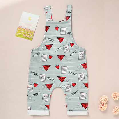 Baby Boy Girl's Casual Heart & Paper Plane Print Overalls, Adjustable Strap Romper For Spring Fall