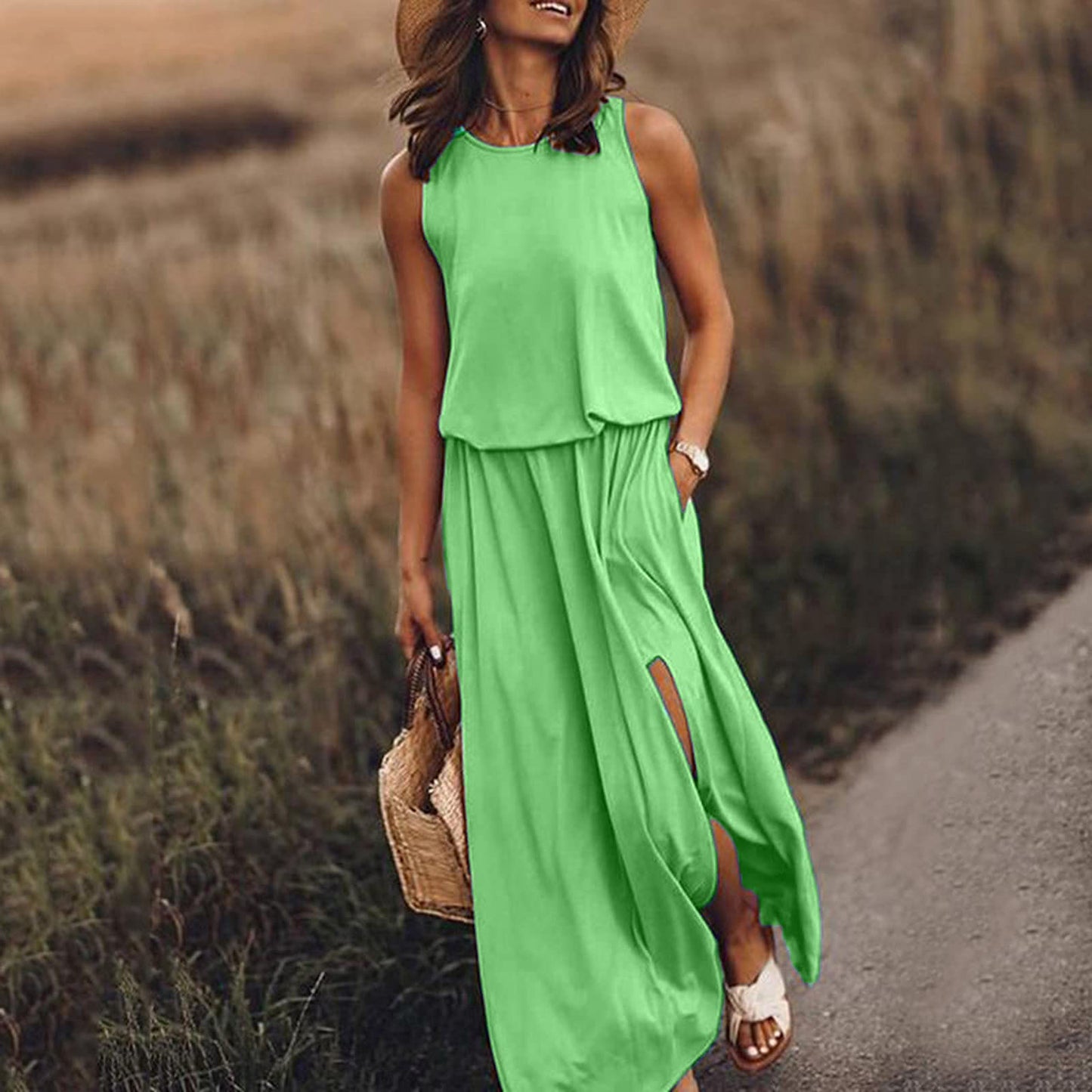 Women Summer Dresses Fashion Side Slit Long Dress With Pockets Vestidos Solid Casual O-Neck Sleeveless A-Line Sundress For Holiday