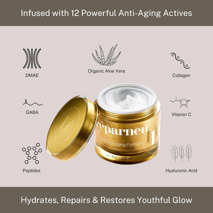 Réparneu Gold Anti-Aging Formula, Neck Firming, Face Tightening, anti Wrinkle Face Cream - Organic Aloe Powered with Collagen, Peptides & Retinyl - 1.7Oz Jar