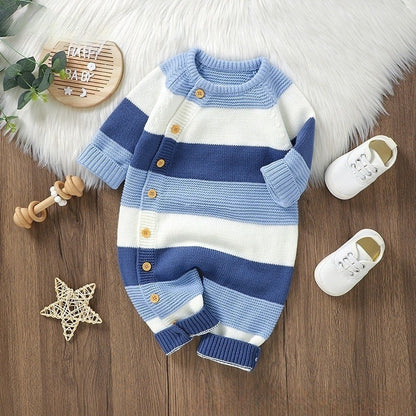 Knitted Striped One-piece Rompers Jumpsuit Male And Female Baby Single-breasted Jumpsuit