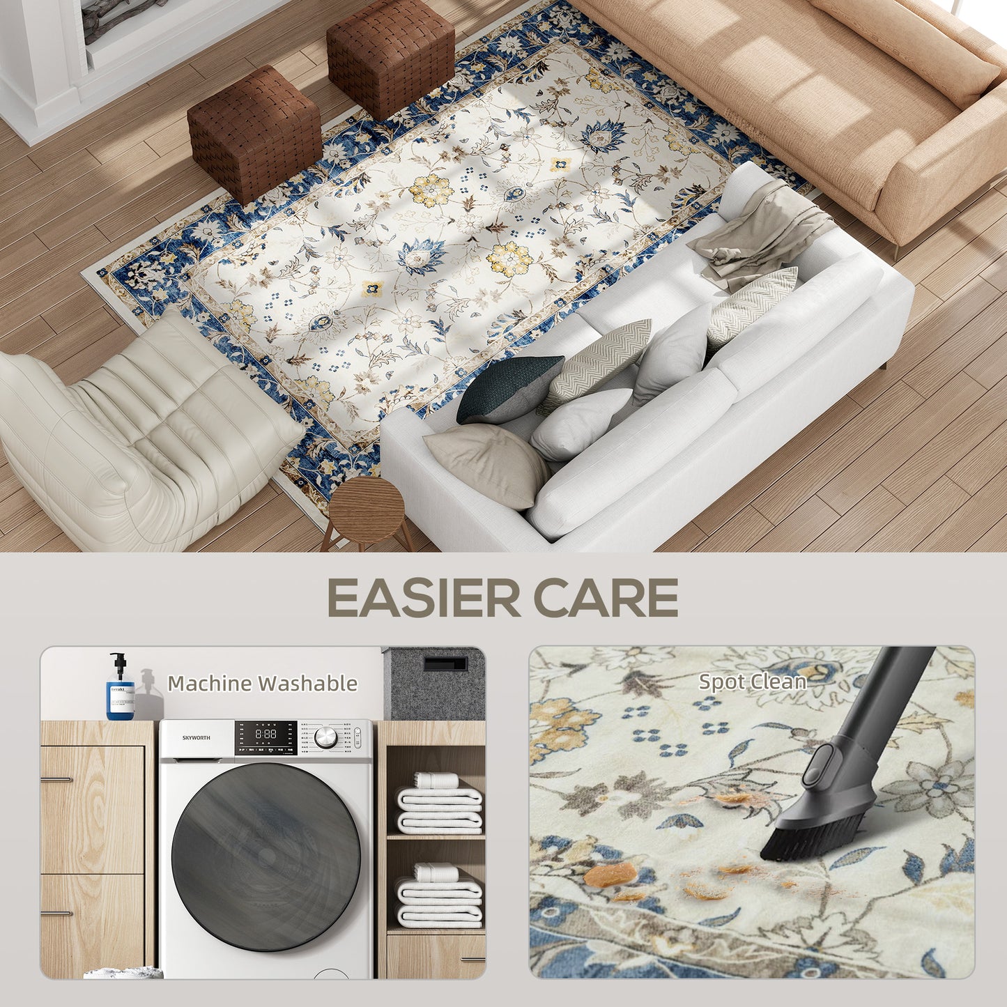 Machine Washable Area Rug 5x7, Non-Slip Boho Floral Print Floor Carpet For Living Room, Bedroom, Dining Room, Blue