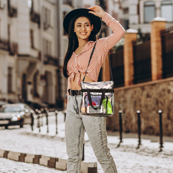 Clear Tote Bag -4-Pocket 0.4 Mm PVC Crossbody,Handbag, Adjustable Strap,  Holds 11 Lbs, Waterproof & Cold-Crack Resistant, Perfect For Concerts, Sports, School, Work