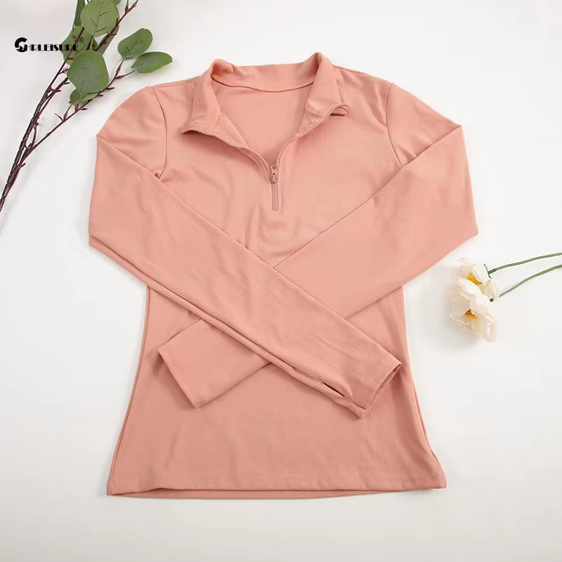 CHRLEISURE Long Sleeve Yoga Shirts Half-Zip Sports Top with Thumbholes Elastic Breathable Fitness Blouse for Women Activewear