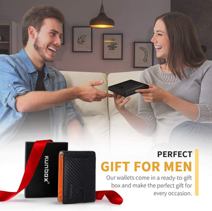 Slim Wallets for Men with RFID Blocking & Minimalist Mens Front Pocket Wallet Leather Black&Inner Orange