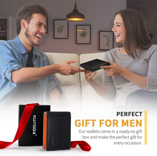 Slim Wallets for Men with RFID Blocking & Minimalist Mens Front Pocket Wallet Leather Black&Inner Orange