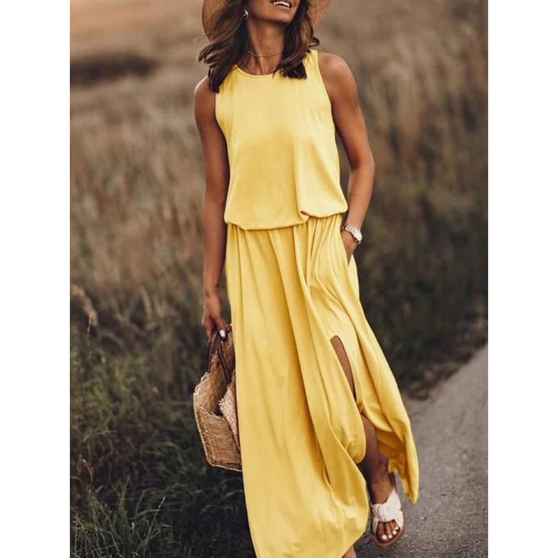 Women Summer Dresses Fashion Side Slit Long Dress With Pockets Vestidos Solid Casual O-Neck Sleeveless A-Line Sundress For Holiday