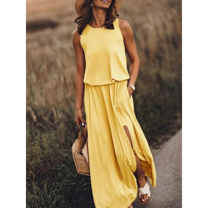 Women Summer Dresses Fashion Side Slit Long Dress With Pockets Vestidos Solid Casual O-Neck Sleeveless A-Line Sundress For Holiday