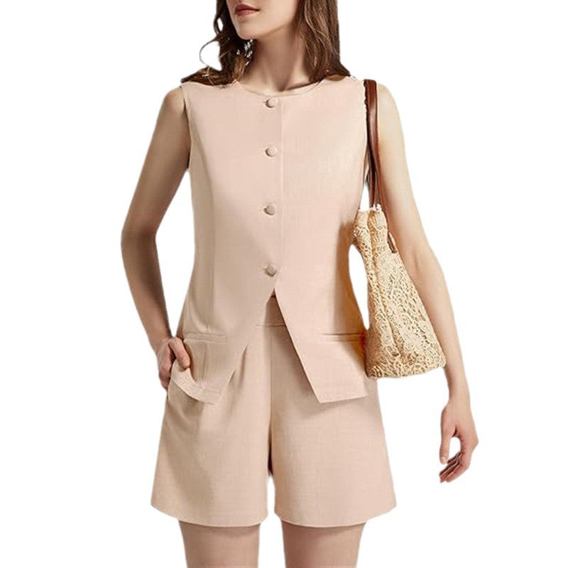2-piece Sleeveless Round Neck Button High-waisted Trousers Business Work Suits
