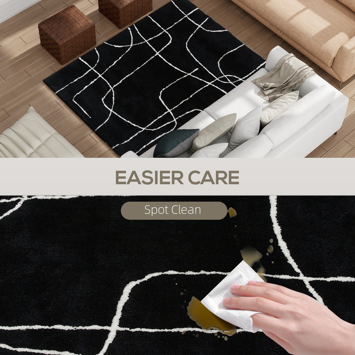 Modern Fluffy Area Rug, Geometric Pattern Washable Rug, Soft High Pile Floor Carpet For Living Room, Bedroom, Dining Room, Home Office, 170 X 120 Cm, Black