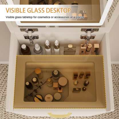 3 In 1 Vanity Desk With Open Top Mirror,Small Make Up Vanity Set With Visible Glass Desktop,Compact Makeup Vanity With 3 Drawers,Dressing Table For Bedroom
