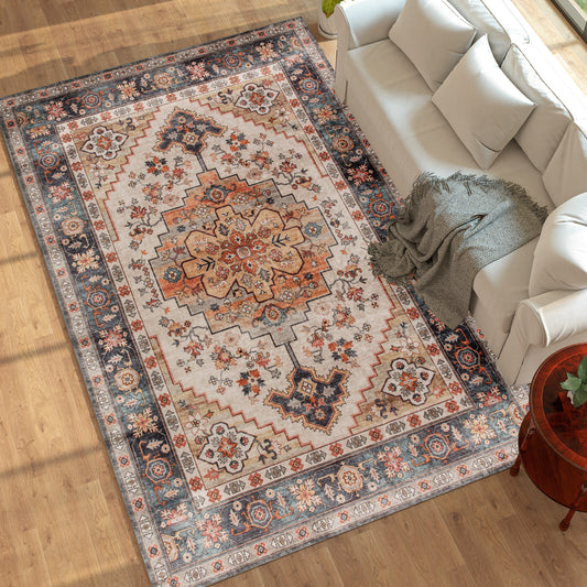 Area Rug 8x10, Machine Washable Rug, Non-Slip Boho Print Pattern Medallion Carpet For Living Room, Bedroom, Tawny Brown