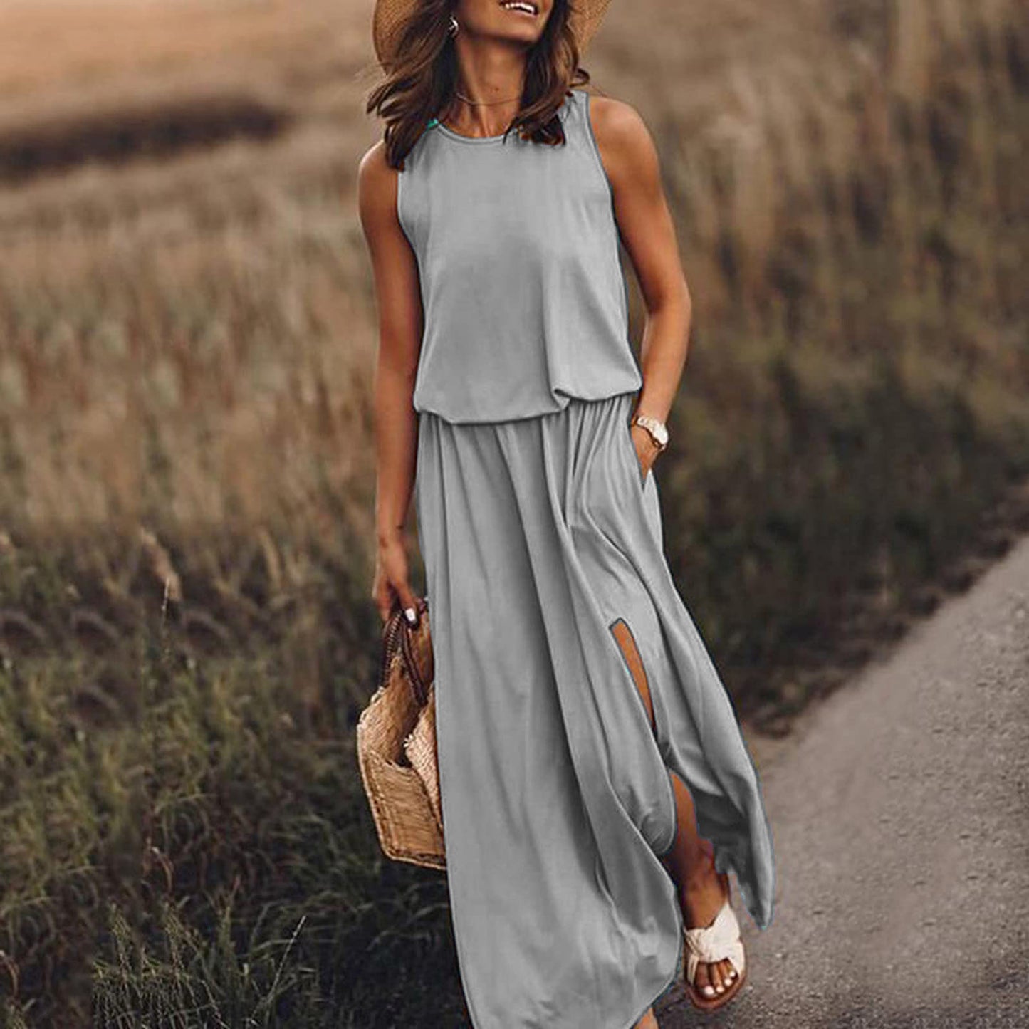 Women Summer Dresses Fashion Side Slit Long Dress With Pockets Vestidos Solid Casual O-Neck Sleeveless A-Line Sundress For Holiday