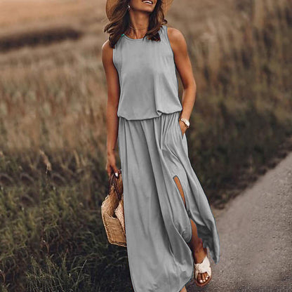 Women Summer Dresses Fashion Side Slit Long Dress With Pockets Vestidos Solid Casual O-Neck Sleeveless A-Line Sundress For Holiday