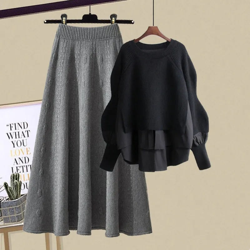 Women's Fashion Wear Loose Western Style Lazy Style Sweatshirt Slimming Skirt Two-piece Set