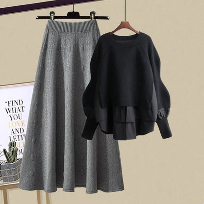 Women's Fashion Wear Loose Western Style Lazy Style Sweatshirt Slimming Skirt Two-piece Set