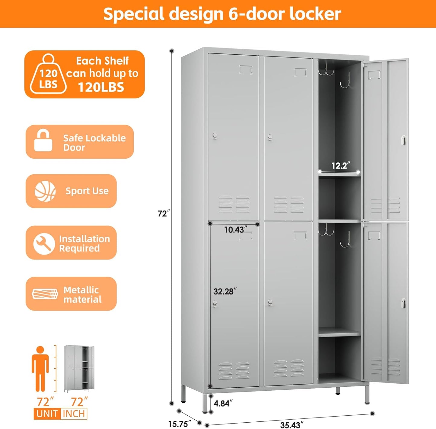 6 Doors Employee Locker With 18 Hooks,Industries Double Tier Metal Locker For School Office Gym Home Employees Staff Sundries Room