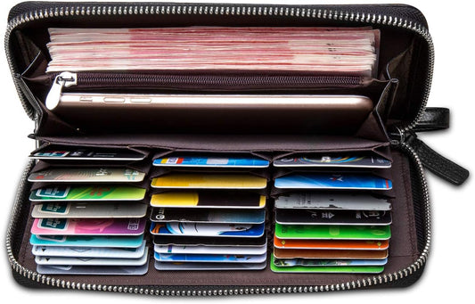 Mens Credit Card Wallet Long Wallet Genuine Leather Billfold Zip around Checkbook Wallet 27 Credit Card Slots
