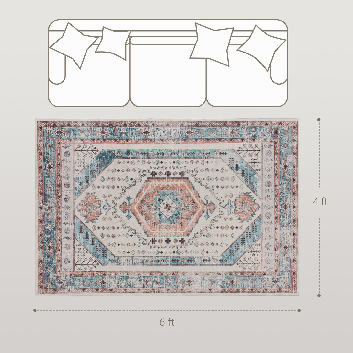 4x6 Area Rug, Vintage Machine Washable Rug, Non-Slip Floor Carpet for Living Room, Bedroom, Dining Room, Brown and Blue