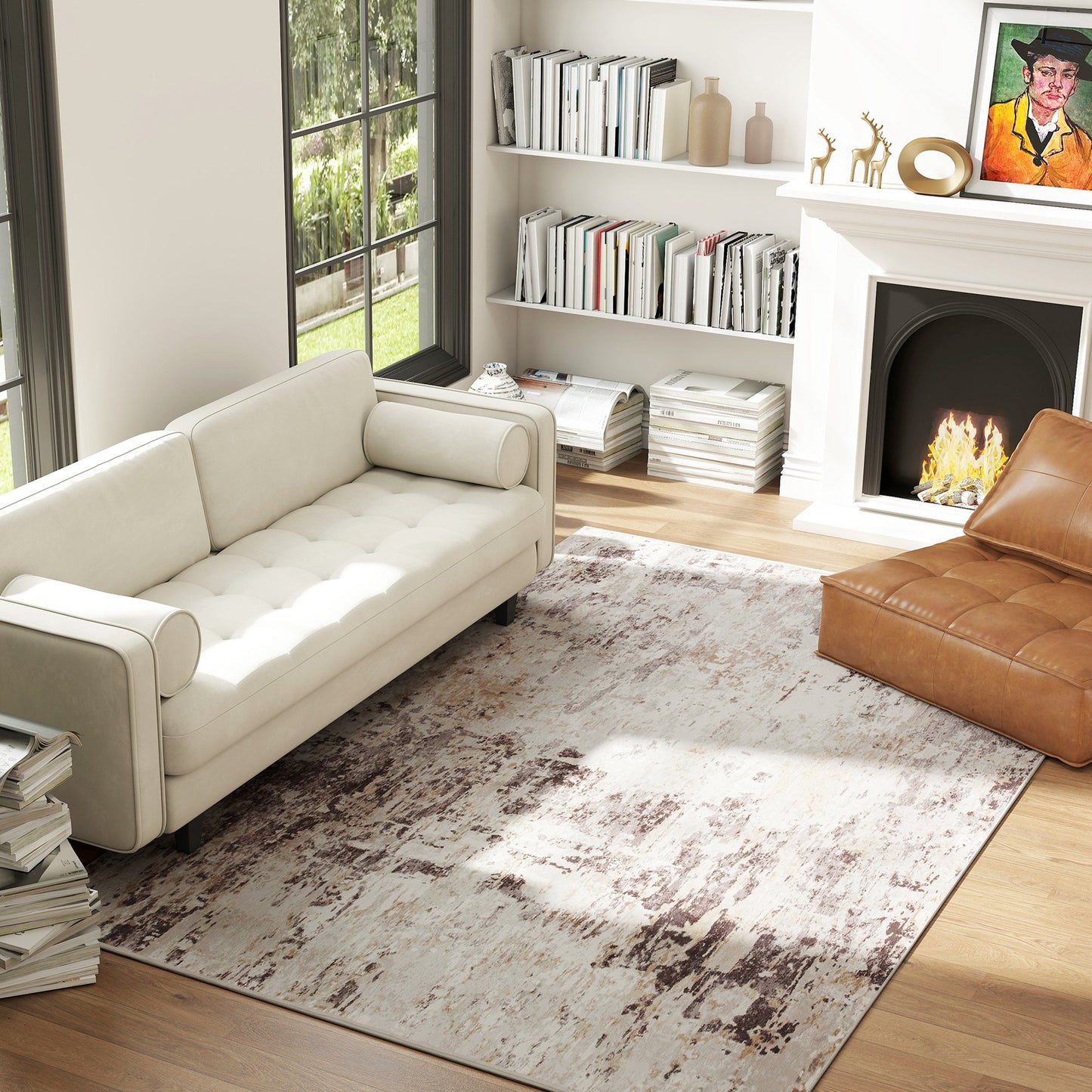 Achine Washable Area Rug 5x7, Non-Slip Modern Abstract Floor Carpet For Living Room, Bedroom, Dining Room, Mixed-Brown