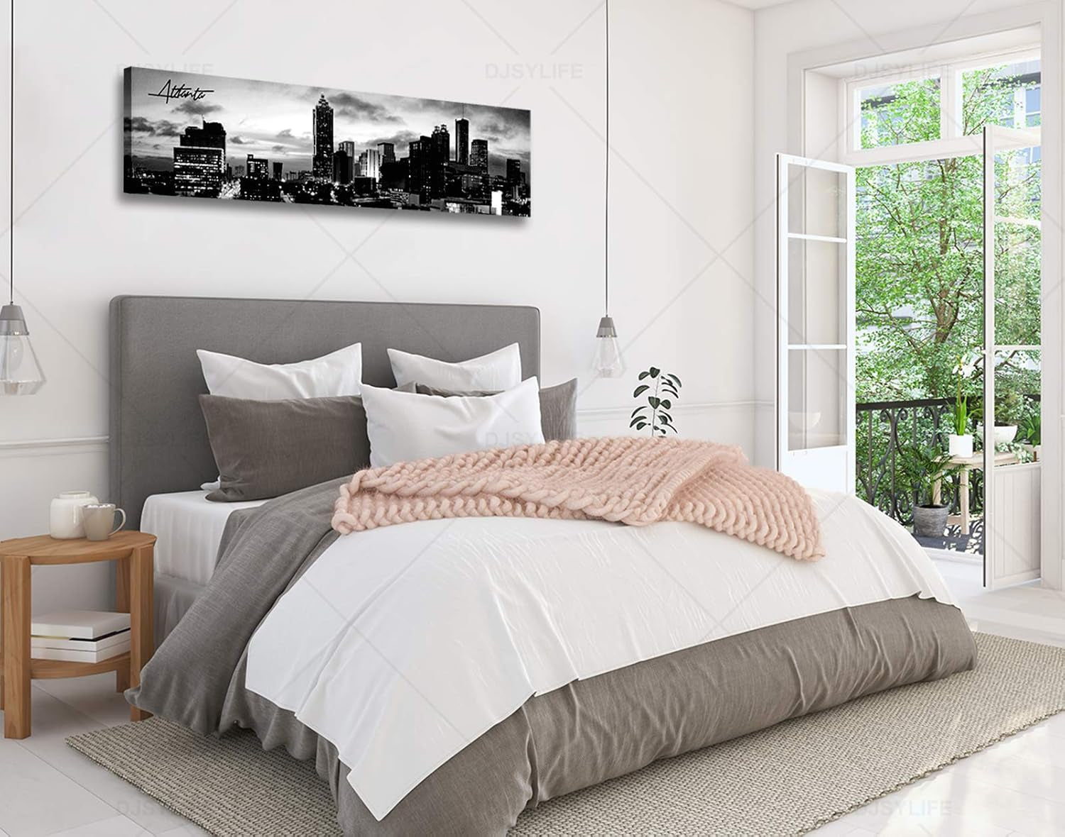 Atlanta Skyline Wall Art Cityscape Picture Decor Black and White Canvas Print Painting Artwork City Building Panoramic Night View Modern Decoration Office Study Bedroom Home Decorations 13.8"X47.3"