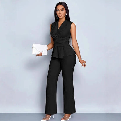 Womens Two Piece Set V Neck Sleeveless Asymmetrical T Shirt And Wide Leg Pants