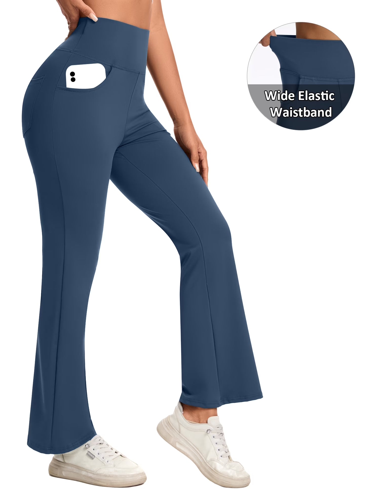 Women Flare Yoga Pants Workout Leggings Bootcut Bottoms with Pockets High Waist Activewear Navy Blue M
