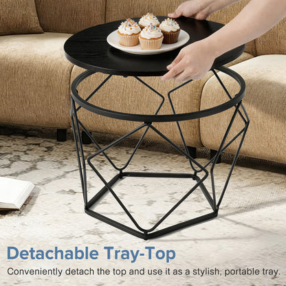 Modern Geometric Style Coffee Table Set  2-piece   Round Stackable Side Table With Hidden Storage Space