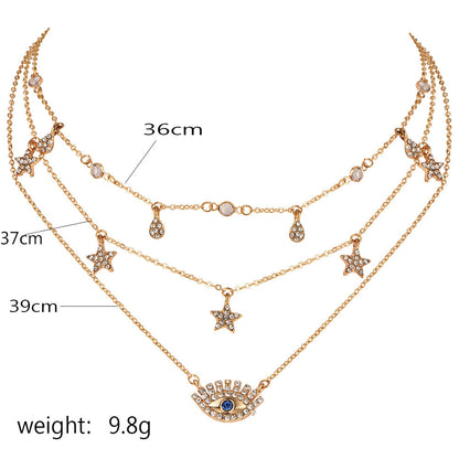 Bls-miracle Multilayer Necklace for Women Long Chain Turkish Eye Pendant Necklaces Trendy Crystal Star Water droplets Necklaces