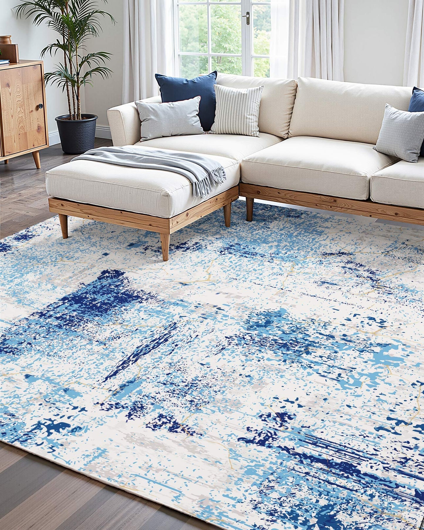 Area Rug, 5 X 7 Ft Large Washable Rug, Non-Slip And Tear-Resistant Soft Carpet, Pet Friendly Modern Area Rugs, Indoor Mat For Bedroom, Office, Living Room, Entryway, Blue