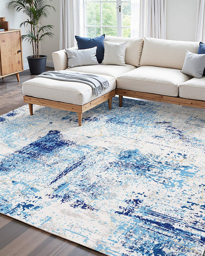 Area Rug, 5 X 7 Ft Large Washable Rug, Non-Slip And Tear-Resistant Soft Carpet, Pet Friendly Modern Area Rugs, Indoor Mat For Bedroom, Office, Living Room, Entryway, Blue