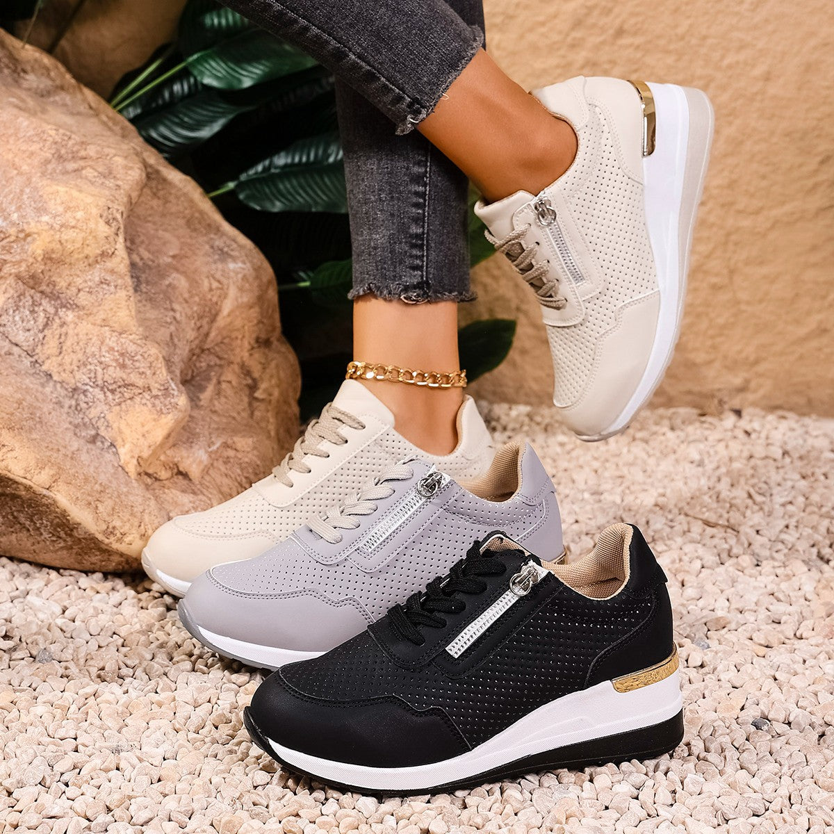 Womens Casual Wedge Mid-heel Lace-up Athletic Shoes