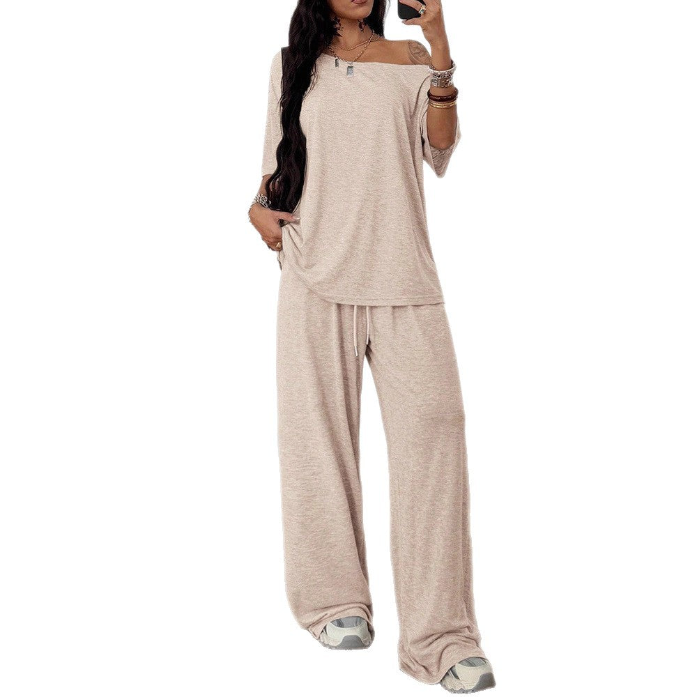Women's Casual Solid-Color Sports Two-Piece Set With Loose-Fit Trousers