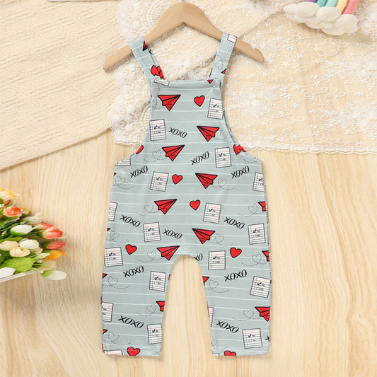 Baby Boy Girl's Casual Heart & Paper Plane Print Overalls, Adjustable Strap Romper For Spring Fall