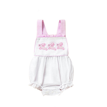 Baby Sweet Bunny Romper, Ruffle Trim Onesie With Adjustable Straps & Snap Closure