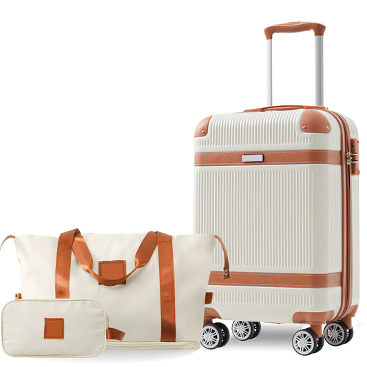 Hardshell Luggage Set 3-Piece, 20 Inch Carry-On Suitcase With Spinner Wheels TSA Lock, Lightweight Durable ABS For Travel Business, Cream