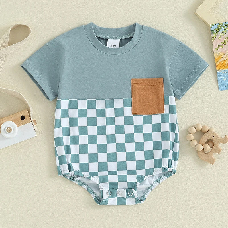 Baby Summer Jumpsuit Waffle Patchwork Pocket Short Sleeve