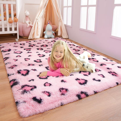 Soft Rugs for Girls Kids Bedroom 3X5, Fluffy Leopard Cheetah Print Rugs for Living Room Dorm Nursery Home Decor, Pink