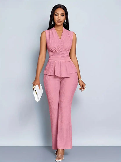 Womens Two Piece Set V Neck Sleeveless Asymmetrical T Shirt And Wide Leg Pants