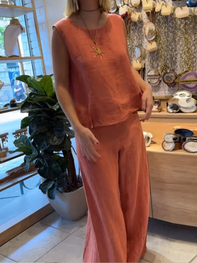 Women's Casual Round Neck Vest Cotton Linen Sleeveless Trousers Two-piece Suit