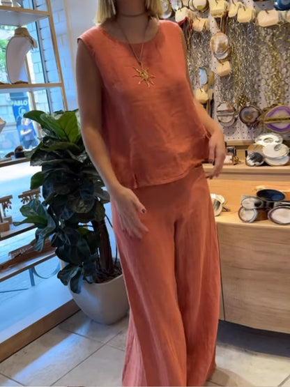 Women's Casual Round Neck Vest Cotton Linen Sleeveless Trousers Two-piece Suit