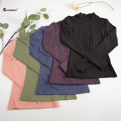 CHRLEISURE Long Sleeve Yoga Shirts Half-Zip Sports Top with Thumbholes Elastic Breathable Fitness Blouse for Women Activewear