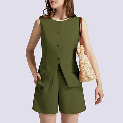 2-piece Sleeveless Round Neck Button High-waisted Trousers Business Work Suits