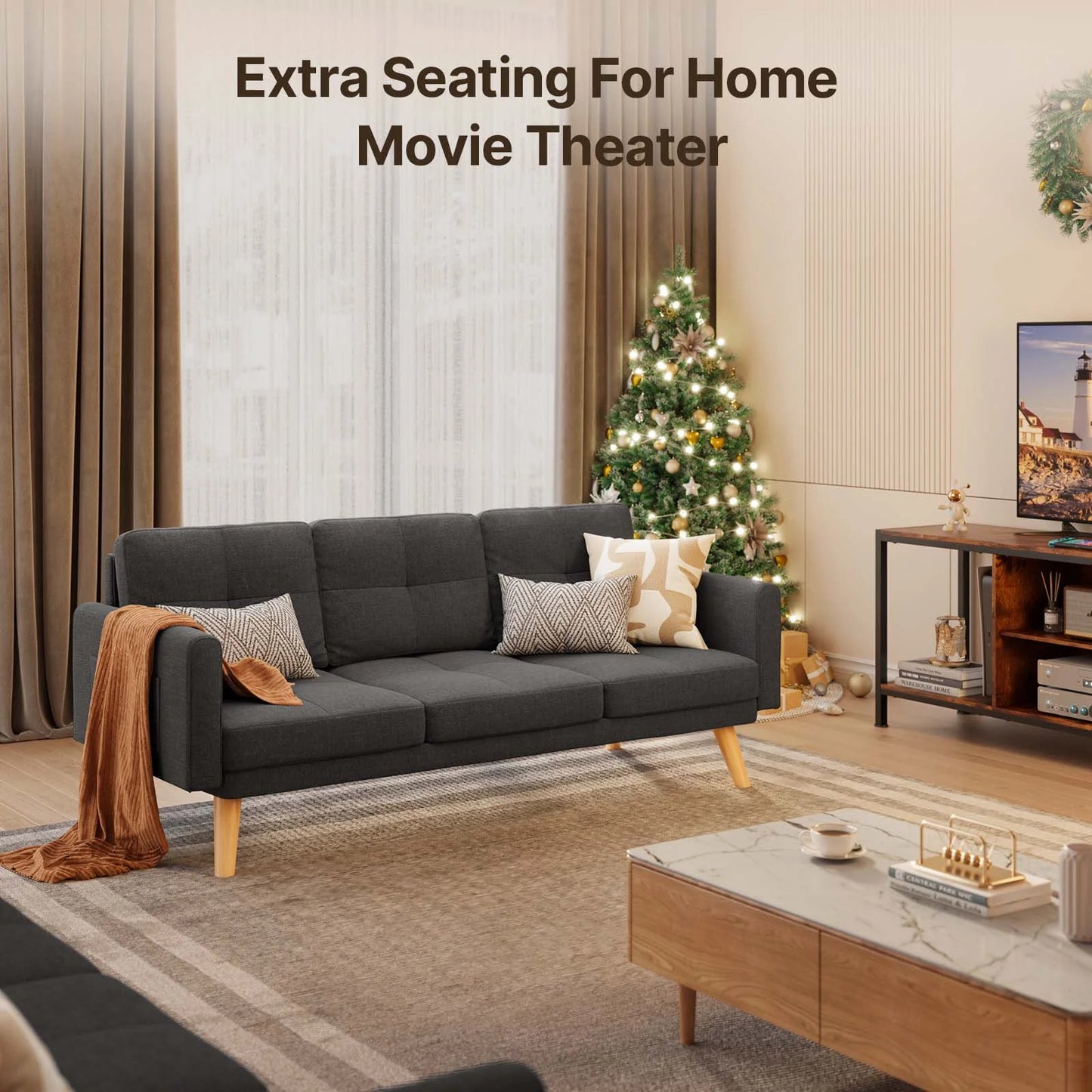 68"  and Couch with Side Storage Pocket and 4" Thick Cushions for Living Room, Dark Gray Modern Home Furniture