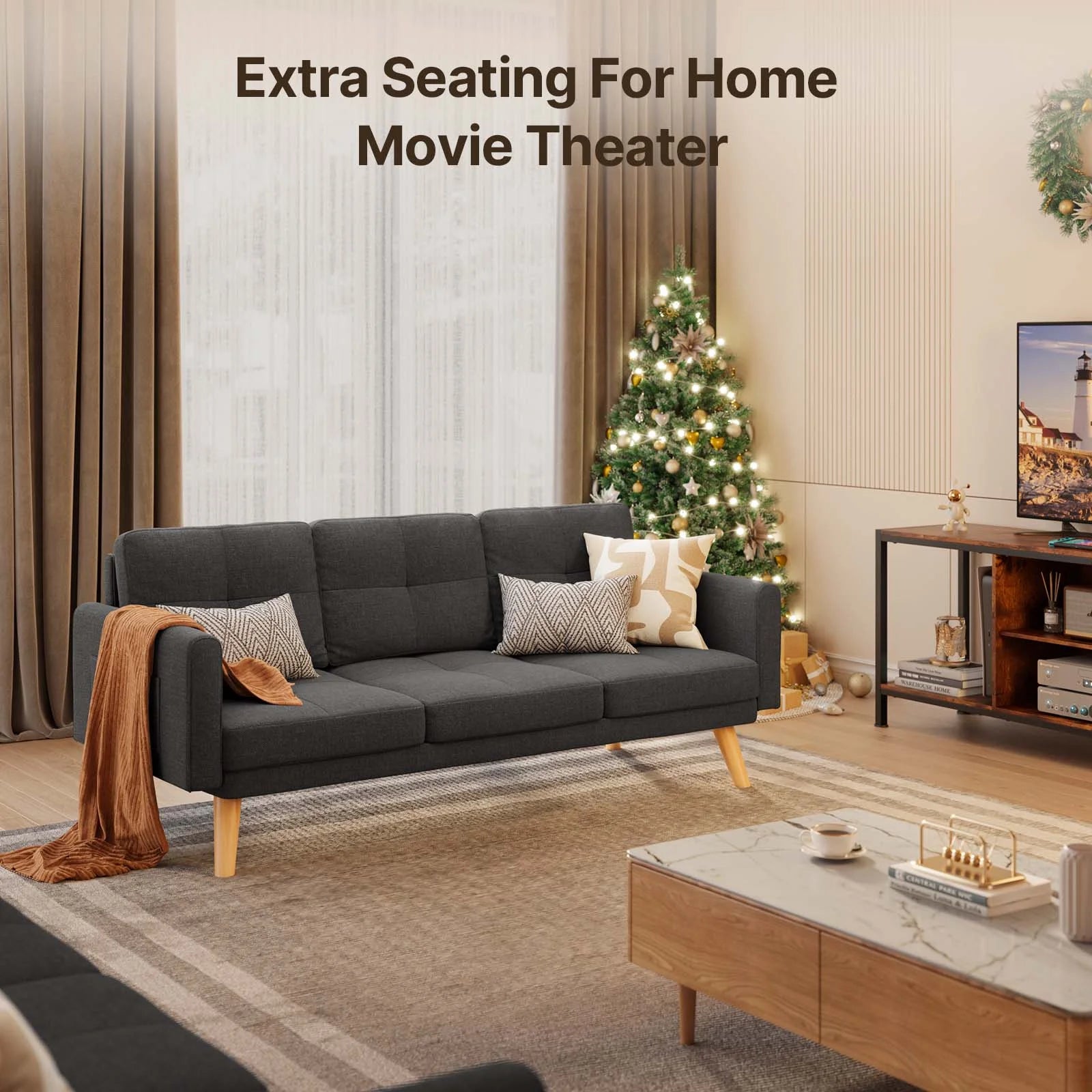 68"  and Couch with Side Storage Pocket and 4" Thick Cushions for Living Room, Dark Gray Modern Home Furniture