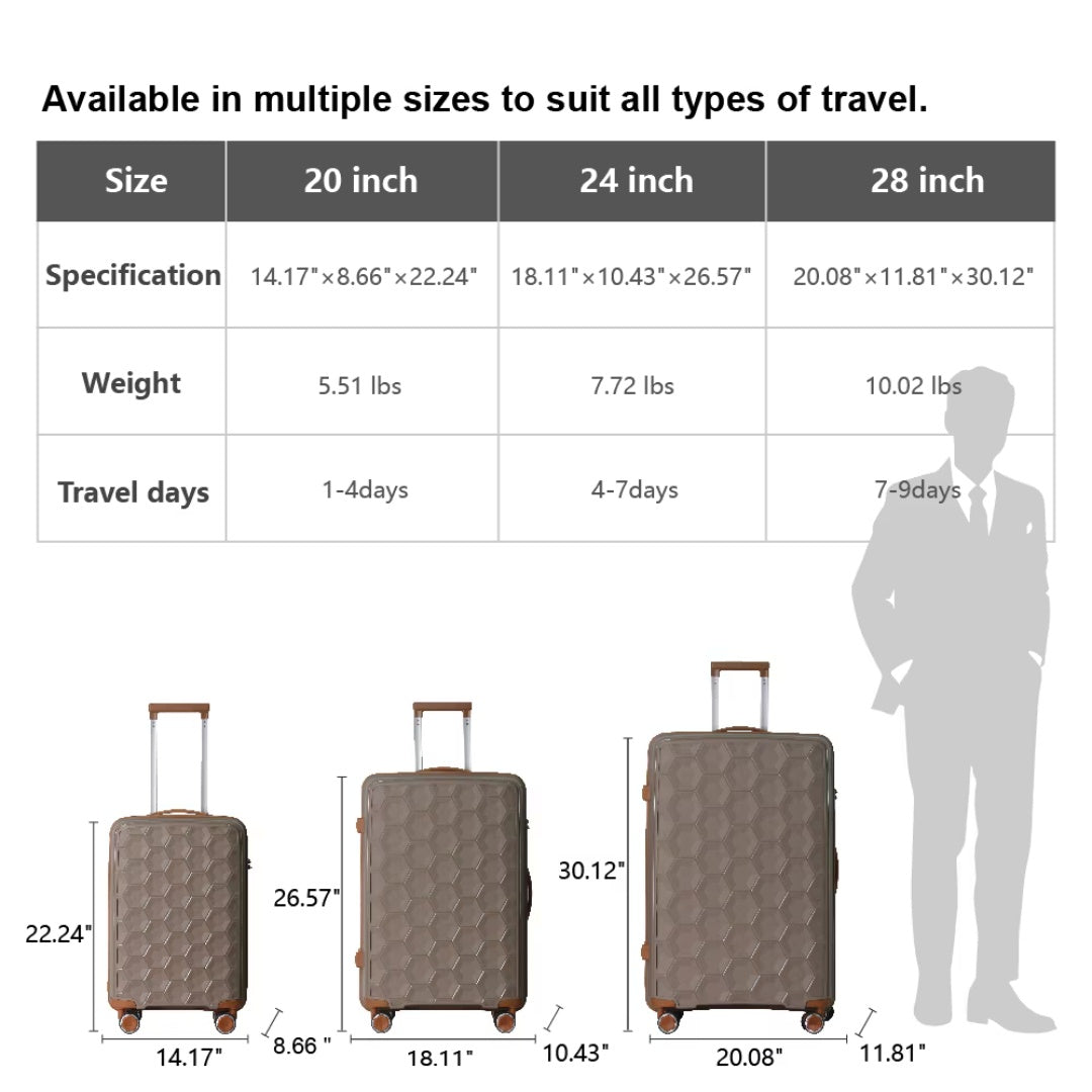 3-Piece Luggage Set Travel Lightweight Suitcases With Rolling Wheels, TSA Lock & Moulded Corner, Carry On Luggages For Business, Trip, 20-24-28, Brown